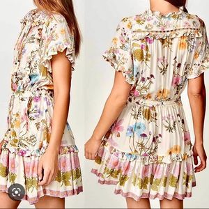 Spell Floral Ruffle Mini Dress in Cream with Pink, Blue & Green